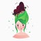 A beautiful girl with green hair and woman hair style dreaming thinking imagination house star night