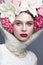 Beautiful girl in a headscarf in the Russian style, with large flowers on his head and red lips. Beauty face.