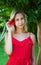 Beautiful girl with hibiscus flower in her hair