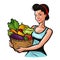 Beautiful girl holding a basket full of vegetables. Fresh food, healthy eating, farm concept. Cartoon vector illustration