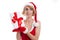 Beautiful girl holds Santa Claus gift on a white backgroun