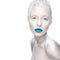 Beautiful girl in the image of albino with blue lips and white eyes. Art beauty face.