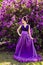 Beautiful girl in lilac ball dress in the garden