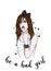 A beautiful girl with long hair, in a white tank top and with a bow with spikes. Vector illustration. Rock. Fashionable look.