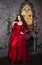 Beautiful girl in a magnificent, red rococo dress. Against the background of the fireplace, window, and flowers.