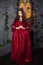 Beautiful girl in a magnificent, red rococo dress. Against the background of the fireplace, window, and flowers.