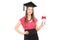 Beautiful girl with mortarboard holding a diploma