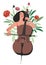 Beautiful girl playing the cello surrounded by birds, leaves and flowers