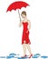 Beautiful girl in a red dress. The girl walks in the rain. A woman is covered by an umbrella. Vector illustration