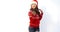 Beautiful Girl in Santa Hat and Red Woolen Sweater