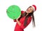 Beautiful girl in a in a Santa\'s helper hat upset and holding green clock