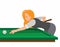 Beautiful girl shooting ball with cue stick, woman playing billiard game in cartoon flat illustration editable vector