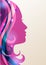Beautiful girl silhouette with colorful hair, vector background.