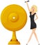 Beautiful girl sings song into microphone standing next to award golden record, musicant laureate