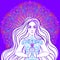 Beautiful Girl sitting in lotus position over ornate colorful neon background. Vector illustration. Psychedelic mushroom