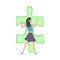 Beautiful Girl Solving Jigsaw Puzzle, Person Trying to Connect Big Green Puzzle Element Cartoon Style Vector