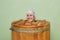 Beautiful girl in spa center. Phyto cedar barrel sauna