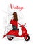 Beautiful girl in a stylish closes sits on a vintage moped. Vector illustration for postcard or poster, print for clothes.