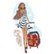 A beautiful girl in a summer striped sundress carries a travel bag with travel stickers.