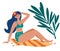 Beautiful girl in a swimsuit sunbathing on the mat. Palm trees. Summer tan, rest. Woman sunbathes in the sun and enjoys a summer