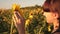 Beautiful girl travels in countryside. Young free woman traveler in a sunflower field in rays of sunrise or sunset is