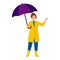 Beautiful girl with an umbrella, cartoon character colorful. Young woman walks in coat and boots, protection from rain