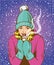 Beautiful girl in warm hat and gloves holding hot drink. Winter warmup concept retro comic pop art style