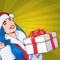 Beautiful Girl Wear Santa Costume Hold Gift Box, Merry Christmas And Happy New Year Concept Retro Pop Art Style