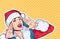 Beautiful Girl Wear Santa Costume Screaming, Merry Christmas And Happy New Year Concept Retro Pop Art Style