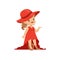 Beautiful girl wearing dult oversized elegant red dress and hat, kid pretending to be adult vector Illustration