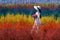 Beautiful girl in white dress sitting in Cutter rainbow flowers fields, Chiang Mai