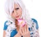 Beautiful girl with white hair holding orchid flower over white