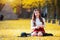 Beautiful Girl with Yellow Leaves in Nami Island, Korea.