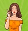 Beautiful girl or young woman with index finger. Pin-up concept. Pop art retro comic style. Cartoon vector illustration