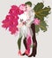 Beautiful girlfriend with hair in form of crimson roses and boyfriend with wings in shape of green leaves of a guelder-rose