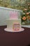 Beautiful girlish birthday cake with pink mastic crown, roses, bow, inscription name Maria. One year old or five years old