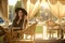 Beautiful glam tattooed brunette in little black dress and trendy fedora hat sitting in the nice open air summer restaurant