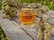 Beautiful glass teacup with Greek mountain herbal Vounou tea tea and dried mountain grass Sideritis syriaca on a wooden table in