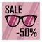 Beautiful glasses on the background of purple stripes with a black inscription discount of fifty percent