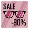 Beautiful glasses on the background of purple stripes with a black inscription discount of ninety percent