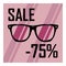 Beautiful glasses on the background of purple stripes with a black inscription discount of seventy five percent