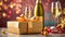 Beautiful glasses champagne, bokeh, festive background gift box with bow party