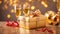 Beautiful glasses with champagne, bokeh, festive background gift box with bow party