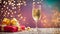 Beautiful glasses champagne, card , festive background gift box with bow party shiny