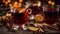 Beautiful glasses mulled wine, punch celebrate party holiday , aromatic star anise wine traditional drink decoration