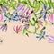 Beautiful gloriosa flowers on climbing twigs on beige background. Seamless pattern. Floral border. Watercolor painting.