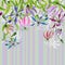 Beautiful gloriosa flowers on climbing twigs on colorful striped background. Seamless pattern. Floral border. Watercolor painting