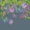 Beautiful gloriosa flowers on climbing twigs on gray background. Seamless pattern. Floral border. Watercolor painting.