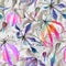 Beautiful gloriosa lily flowers with climbing leaves on gray background. Seamless floral pattern. Watercolor painting.