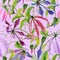 Beautiful gloriosa lily flowers with climbing leaves on pink background. Seamless floral pattern. Watercolor painting.